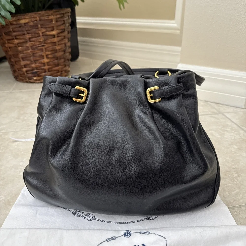 NWT PRADA Black Glace Calf Leather Shopping Tote Bag Purse ALL INCLUSIVE COA BAG - Picture 6 of 16